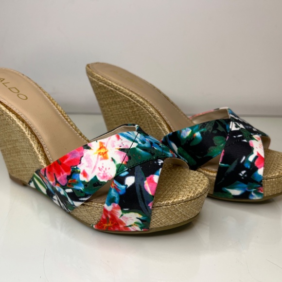 Aldo Sandals Floral Colourful Hawaiian Wedge Wicker High Heel Size 7.5 - Picture 8 of 14